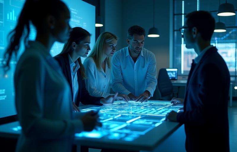 Diverse team working in a futuristic office setting